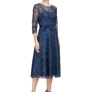 Alex Evenings Embroidered Floral Sheer Midi Dress Large Blue Mother of the Bride